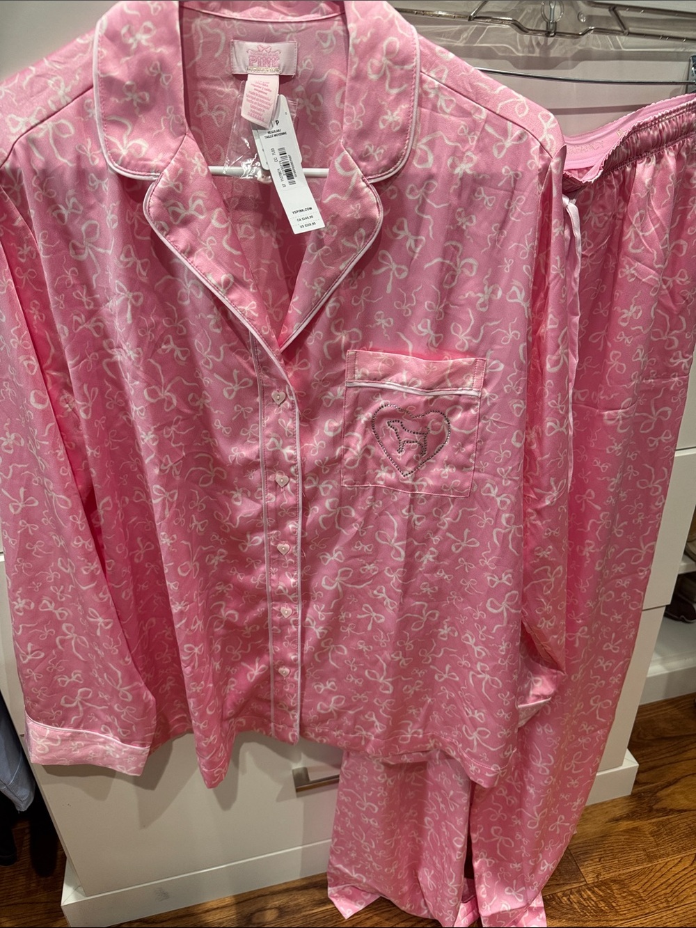 LoveShackFancy Pink Satin Bow-Print Pajama Set. victoria’s secret